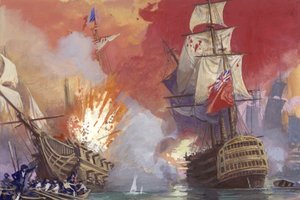 Britská námořní bitva s Francouzi během napoleonských válek (kvaš na papíře)