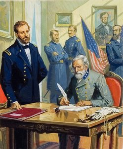 Generál Ulysses Grant přijímá kapitulaci generála Leeho u Appomattoxu od Severino Baraldi