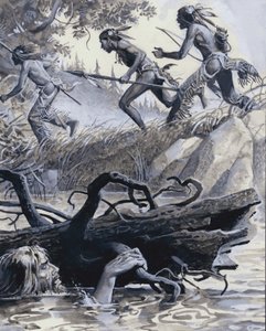John Colter schovaný za naplaveným dřevem (kvaš na papíře) od Severino Baraldi