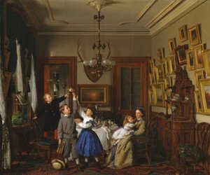 Soutěž o kytici: Rodina Roberta Gordona v jejich newyorské jídelně, 1866.