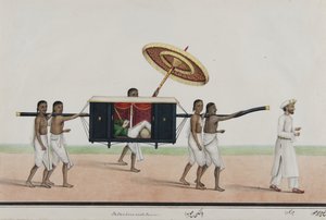 Thomas Holroyd čte ve svých nosítkách, kolem roku 1835