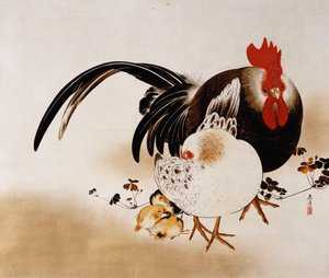 Závěsný svitek zobrazující kohouta, slepici a kuřátka (barevný lak na připraveném papíře) od Shibata Zeshin