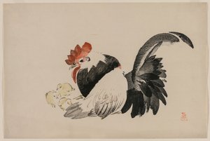 Kohout, slepice a kuřátka od Shibata Zeshin