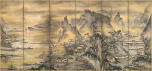 Japonsky: 『式部輝忠筆 四季山水図屏風 室町時代 』 Krajina čtyř ročních období, jedna z dvojice od Shikibu Terutada