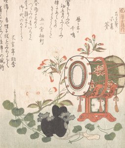 Rostlina Aoi, třešňové květy, buben a klobouk Eboshi představující kapitolu Aoi z ..., 19. století.