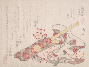 Shakuhachi, druh bambusové flétny, s obalem a třešňovými květy, 19. stol., 19. stol.