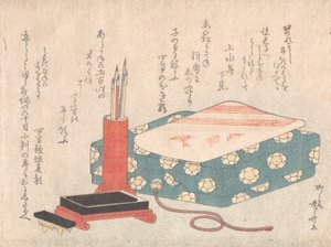 Psací sada a krabička na básně Shikishi-bako, od Spring Rain Surimono Album Har..., ca. 1805-10.