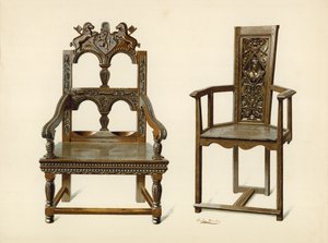 Oak Cacqueteuse Chair, majetek Percyho Macquoida; Yew Chair, majetek vévody z Leedsu (chromolitho) od Shirley Charles Llewellyn Slocombe