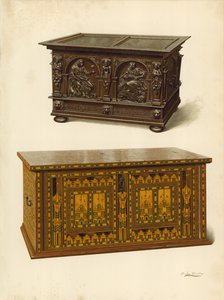 Dubová truhla, majetek Seymoura Lucase; dubová intarzovaná truhla Nonesuch (chromolit) od Shirley Charles Llewellyn Slocombe