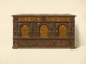 Dubová vykládaná truhla, majetek Arthura Jamese (chromolitho) od Shirley Charles Llewellyn Slocombe