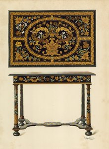 Stůl vykládaný Marqueterie, majetek lorda Zouche z Haryngworthu (chromolitho)