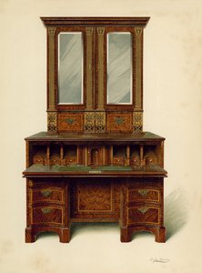 Ořechově vykládaná psací skříň, majetek Alfreda A de Pass (chromolitho) od Shirley Charles Llewellyn Slocombe