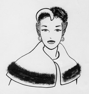 Žena s pláštěnkou lemovanou kožešinou a odpovídajícím kloboukem, c1950.