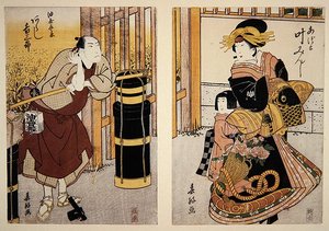 Herci Arashi Kichisaburo II a Kano Minshi ve scéně ze hry Kabuki, cca 1813-15 (dřevořez)