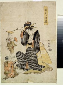 Loutková hra ze série Dětská zábava (A marionette Play, z cyklu Dětská zábava). Tisk Katsukawa Shunsen (Shunko II) (1762-1830). Barevný lept, 31,2 x 21,5 cm, cca 1806-1823. východní umění. Fajn muzeum od Shunsen Katsukawa