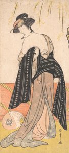 Herec Nakamura Riko jako Oiran svazující její Obi, ca. 1779.