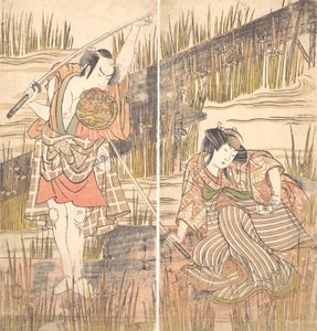 Herec Onoye Matsusuke s mečem drženým oběma rukama nad hlavou, ca. 1778.