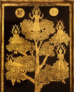 Zadní deska skříňky na rukopisy s buddhistickými výjevy, pravděpodobně pozdní období Ayutthaya (lakované a zlacené dřevo)