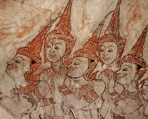 Detail nástěnné malby zobrazující nebeská božstva z pozdního období Ayutthaya (malba na kameni)