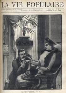Muž na kolenou drží za ruku elegantní ženu, sedící v měšťanském obýváku, má na sobě kabát, rukáv a kožešinový šátek. Ilustrace pro Le Seducteur par Gyp (Sibylle Gabrielle Marie Antoinette Riquetti de Mirabeau, hraběnka z Martel d