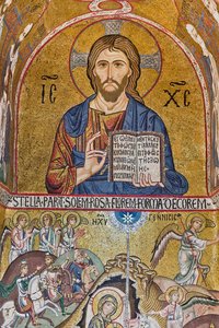Palatinská kaple (bazilika), jižní apsida nebo "absidiola" svatého Pavla, mozaiky: "Kristus Pantokrator" a "Narození Páně", XII.