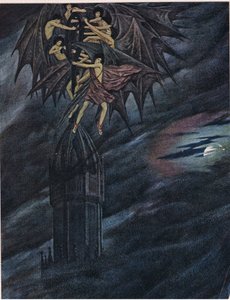 Lucifer a jeho andělé „pospěšte si! Uspíšit! Ó vy duchové, vytáhněte z jeho stanoviště těžký železný kříž
