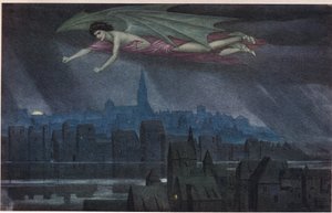 Lucifer letící nad městem. „Spi, spi, město! Dokud tě světlo neprobudí k hříchu a zločinu znovu."
