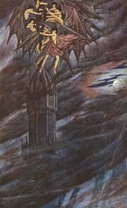Zlatá legenda: Lucifer a jeho andělé (barevná litografie) od Sidney Meteyard