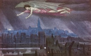 Zlatá legenda: Lucifer letící nad městem (barevná litografie) od Sidney Meteyard