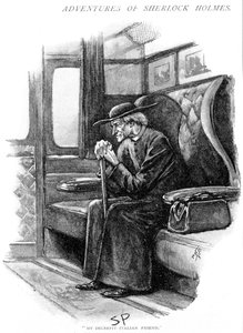 Arthur Conan Doyle The Adventure of the Final Problem Strand Magazine, Londýn, 1893. Ilustroval Sidney E. Paget (1860-1908), první umělec, který nakreslil Holmese. Holmes jako starý italský kněz čeká, až Boat Train vyjede z Victoria Station v Londýně.