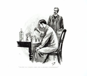 "Holmes usilovně pracoval na chemickém vyšetřování", ilustrace k "Námořní smlouvě", Arthur Conan Doyle (1859-1930), publikováno v "Strand Magazine", říjen a listopad 1893 (