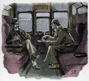 Silver Blaze: Ilustrace Sydney Paget k dobrodružství Sherlocka Holmese. Slavný detektiv je zastoupen s Dr. Watsonem ve vlaku. Publikováno na „The Strand Magazine“. Zprávy od Conana Doyla. 1892.
