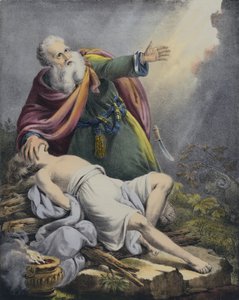 Abraham obětuje svého syna Izáka (barevná rytina)