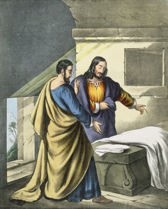 Petr a Jan u Božího hrobu, z bible vytištěné Edwardem Goverem, 70. léta 19. století
