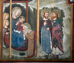 Klanění tří králů freska ze školy Siena. 14. století. Kaple Panny Marie. Klášter Saint Benedetto (Sacro Speco), Subiaco (Řím), Itálie