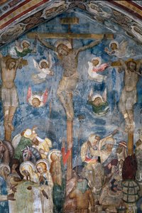 Ukřižování Krista „INRI““ na kříži. Detail fresky školy Siena od Sienese School
