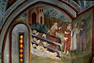 Setkání mrtvých s živými Detail fresky sienské školy. 14. století. Klášter Saint Benoit (Sacro Speco), Schodiště, Subiaco (Řím), Itálie