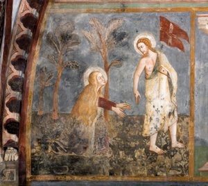 Noli me tangere (Nedotýkej se mě). Freska školy Siena. 14. století. Vyšší církev. Klášter Saint Benedetto (Sacro Speco), Subiaco (Řím), Itálie