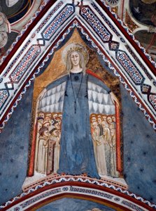 Znázornění Panny Marie Matky církve Freska kaple Panny Marie ze Sienské školy ze 14. století - Klášter sv. Benedetta (Sacro Speco), Subiaco (Řím), Itálie
