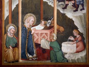 Nativní freska ze školy v Sieně. 14. století. Kaple Panny Marie. Klášter svatého Benedetta