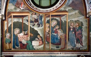 Narození a klanění tří králů Freska ze školy Siena. 14. století. Kaple Panny Marie. Klášter Saint Benedetto (Sacro Speco), Subiaco (Řím), Itálie