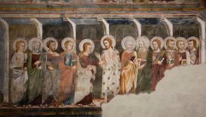Incredulita apoštola Thomase Freska ze sienské školy. 14. století. Vyšší církev. Klášter Saint Benedetto (Sacro Speco), Subiaco (Řím), Itálie od Sienese School