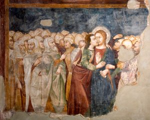 Polibek Jidáše Freska ze školy Siena. 14. století. Vyšší církev. Klášter Saint Benedetto (Sacro Speco), Subiaco (Řím), Itálie