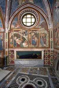 Narození a adorace školy Magi Fresco v Sieně. 14. století. Kaple Panny Marie. Klášter Saint Benedetto (Sacro Speco), Subiaco (Řím), Itálie