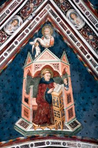 Pohled na detail fresky zdobící jednu z kleneb Horního kostela představující čtyři učitele římské církve: svatého Gregoira I. Velikého a evangelistu svatého Mathieu od Sienese School