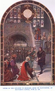 Nabídka královského majestátu Richardu vévodovi z Gloucesteru na hradě Baynards, 26. června 1483, z Cassells History of the British People vydané společností Waverley Book Company Limited, kolem roku 1940
