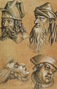 Studie čtyř hlav pro sérii Passion (pero a inkoust, mytí a tělová barva na papíře) od Sigmund Holbein