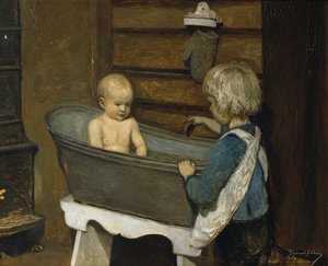 Děti si hrají ve vaně (olej na plátně) od Sigmund Sinding