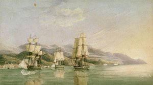 Útok na konvoj osmnácti francouzských obchodních lodí v Laigrelii a Alassiu, 27. června 1812, počátek 19. století (pero, tuš, grafit, akvarel) od Silas Thomson (attr.to) Hood
