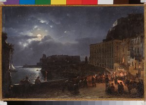 Přístaviště Santa Lucia v Neapoli (Itálie), za úplňkové noci. Obraz Sylvester Feodosiyevich Shchedrin (Sylvester Shchedrin) (1791-1830), olej na plátně